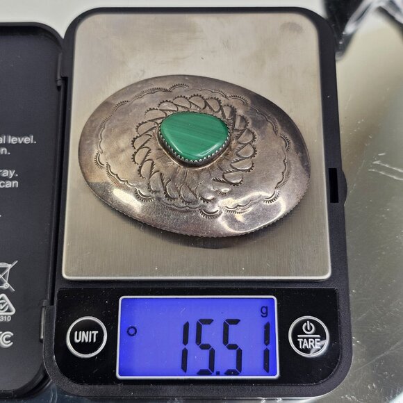 Navajo Malachite Stone Sterling Silver Kerchief Bandana Tie Native American USA - Picture 10 of 11